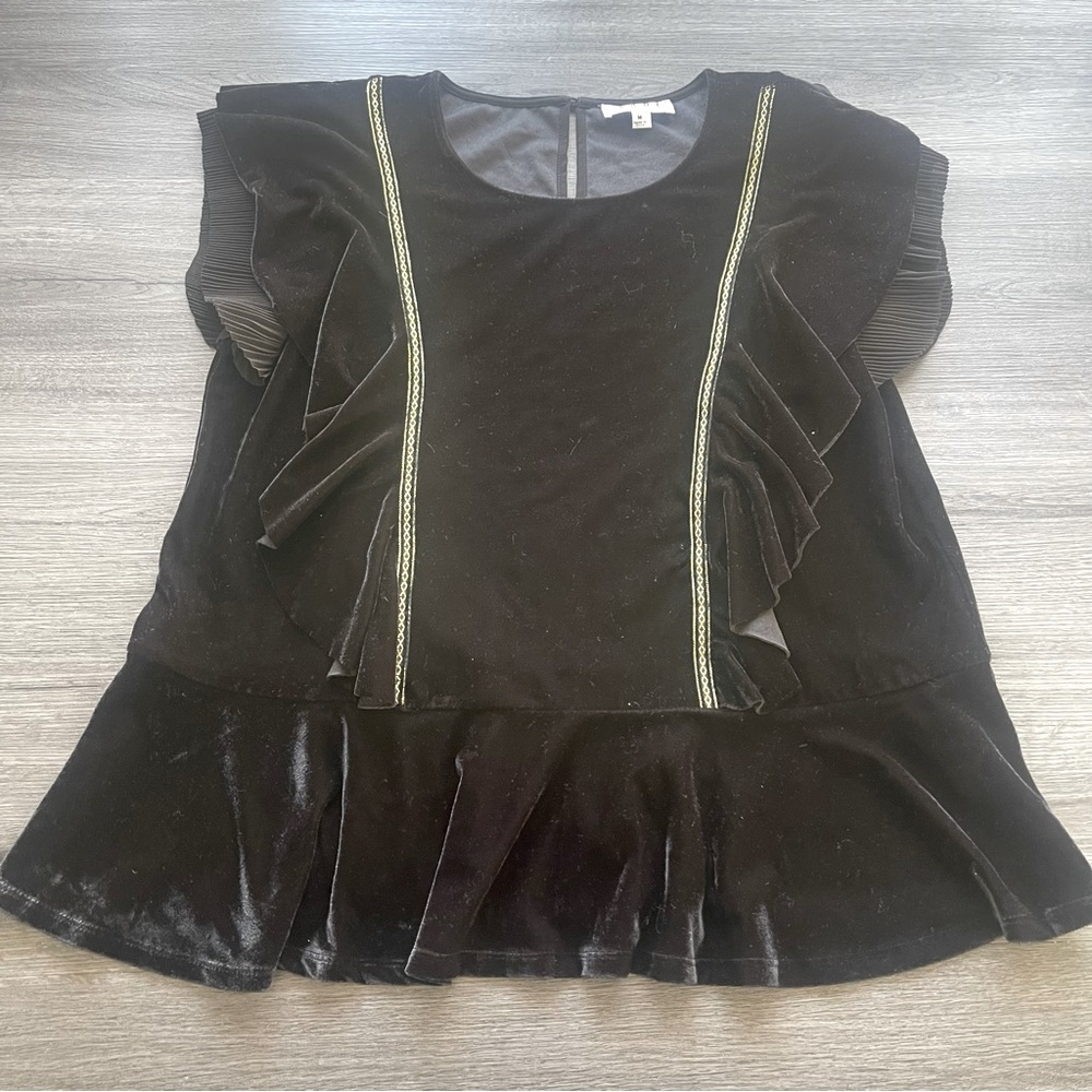 THML Velvet Flutter Sleeve Ruffle Front Gold Embroidered Peasant Top M Witchcore